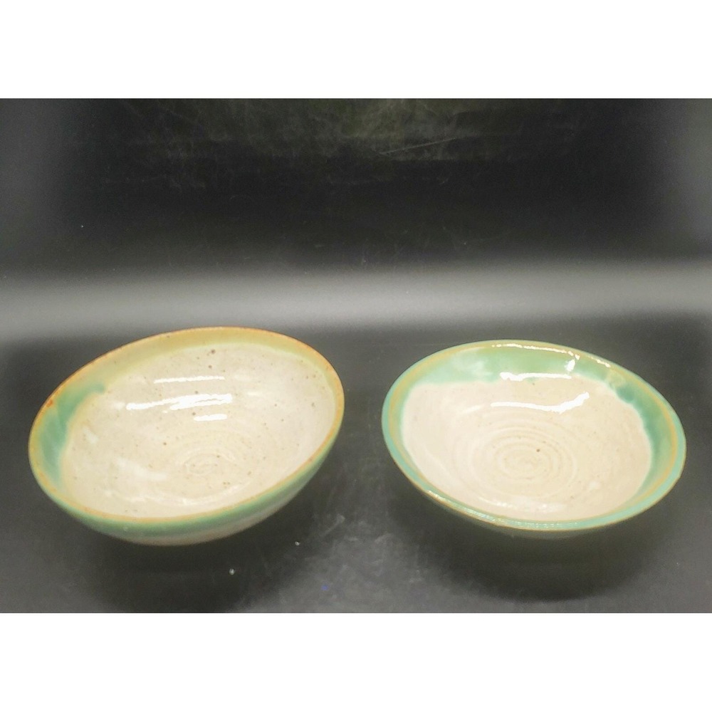 Set Of 2 Studio Art Pottery Ceramic Bowls Green Drip Glaze Signed Satami 6.5"